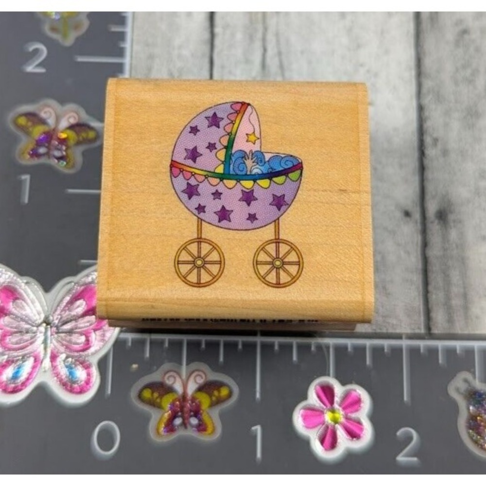 Inkadinkado Swirly Baby Carriage Buggy Star Stroller Rubber Stamp Wood #H85